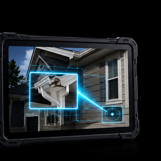 Field inspection software running true AI photo analysis on a tablet to scan a house on-site and detect a defect for the report