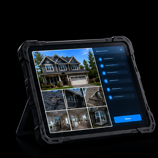 Mobile field inspection app running on a rugged tablet on-site for capturing photos and notes