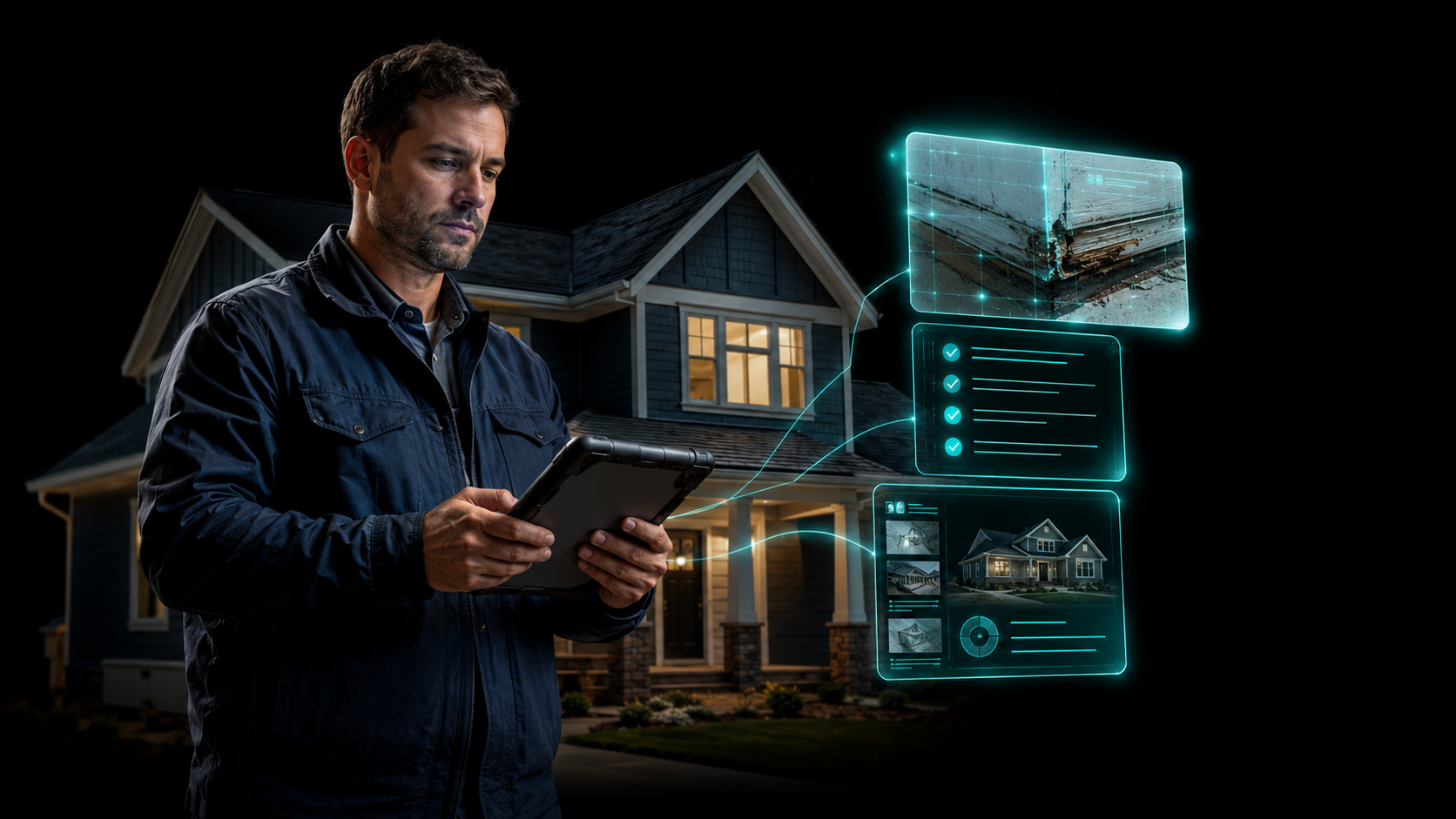 Home inspector using InspectorData field inspection software on an iPad and phone at a job site to capture photos and deliver the report