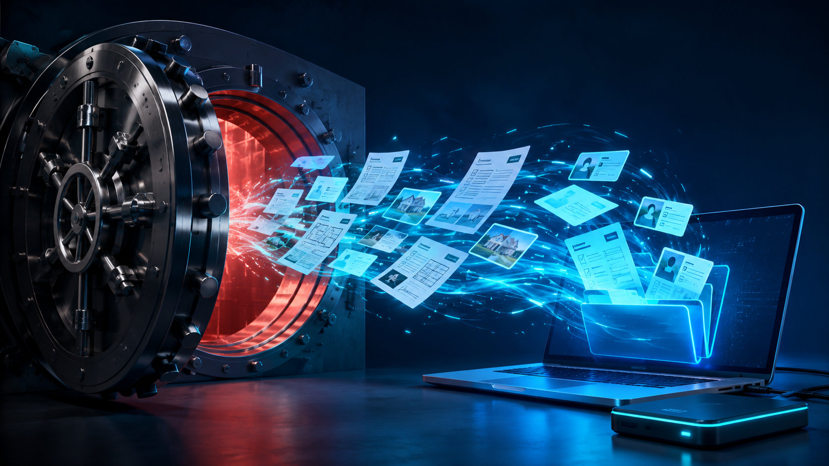 A home inspector's full report archive — inspection PDFs, invoices, and signed agreements — flowing out of a locked HomeGauge vault into a clean, organized InspectorData dashboard